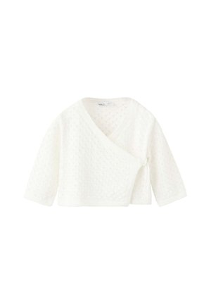 Weißer gestrickter Wickelpullover mit Dreiviertelärmeln und strukturiertem Rautenmuster.