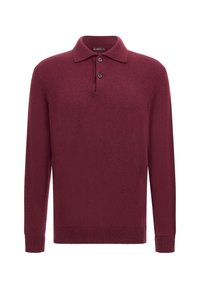 Bordeauxfarbener langärmeliger Polo-Pullover aus weichem Strickmaterial; ausgestattet mit einem Kragen und einer Knopfleiste mit drei Knöpfen sowie gerippten Bündchen und Saum.