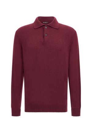 Bordowy sweter polo z długim rękawem wykonany z miękkiego materiału dzianinowego; posiada kołnierz i plastron z trzema guzikami oraz ściągacze na mankietach i u dołu.