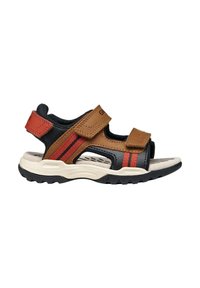 Sandale de sport ouverte pour enfant avec des brides marron et noires, des accents rouges, des fermetures réglables à Velcro, et une semelle texturée blanche et noire.