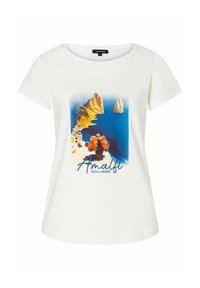 Weißes Baumwoll-T-Shirt mit kurzen Ärmeln, das eine bunte Grafik einer Küstenlandschaft und den Text "Amalfi Sole e Mare" zeigt.