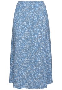 Falda azul con una tela ligera y un delicado patrón de hojas blancas. El diseño es de longitud hasta la rodilla con una ligera forma en A.