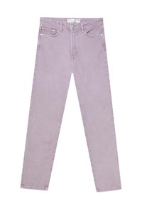 Lila džíny s rovnýcm střihem, pětiletým designem a viditelným prošitím. Doplnené zipem a kovovým knoflíkem na zapínání.
