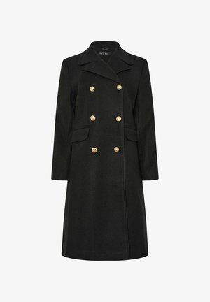 Abrigo de lana negro con diseño de doble botonadura, botones dorados, cuello con muescas y bolsillos laterales. Textura suave y corte hasta la rodilla.