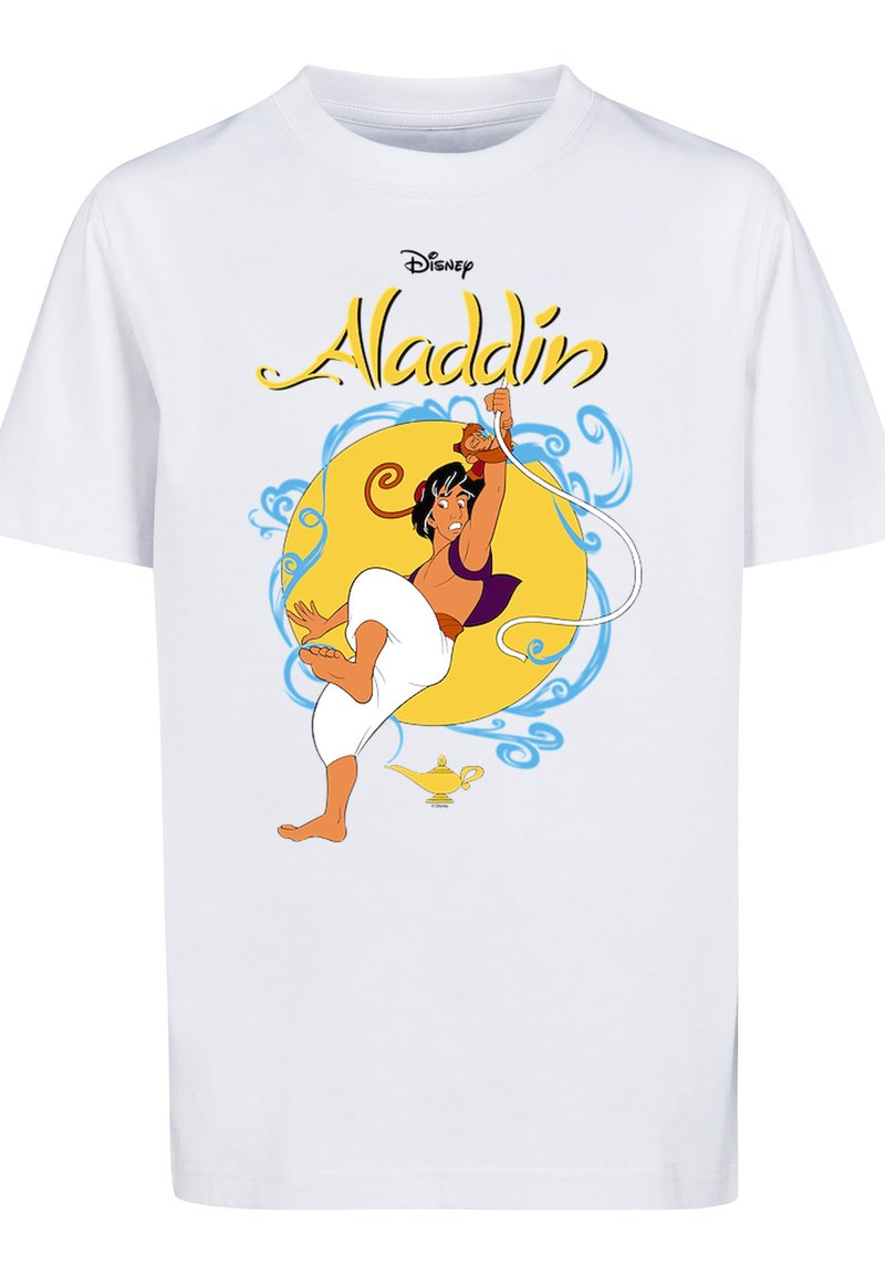Hvit bomulls t-skjorte med et fargerikt grafisk bilde av Aladdin, med en gyllen sirkelbakgrunn, blå svungne linjer og en lampe nederst.