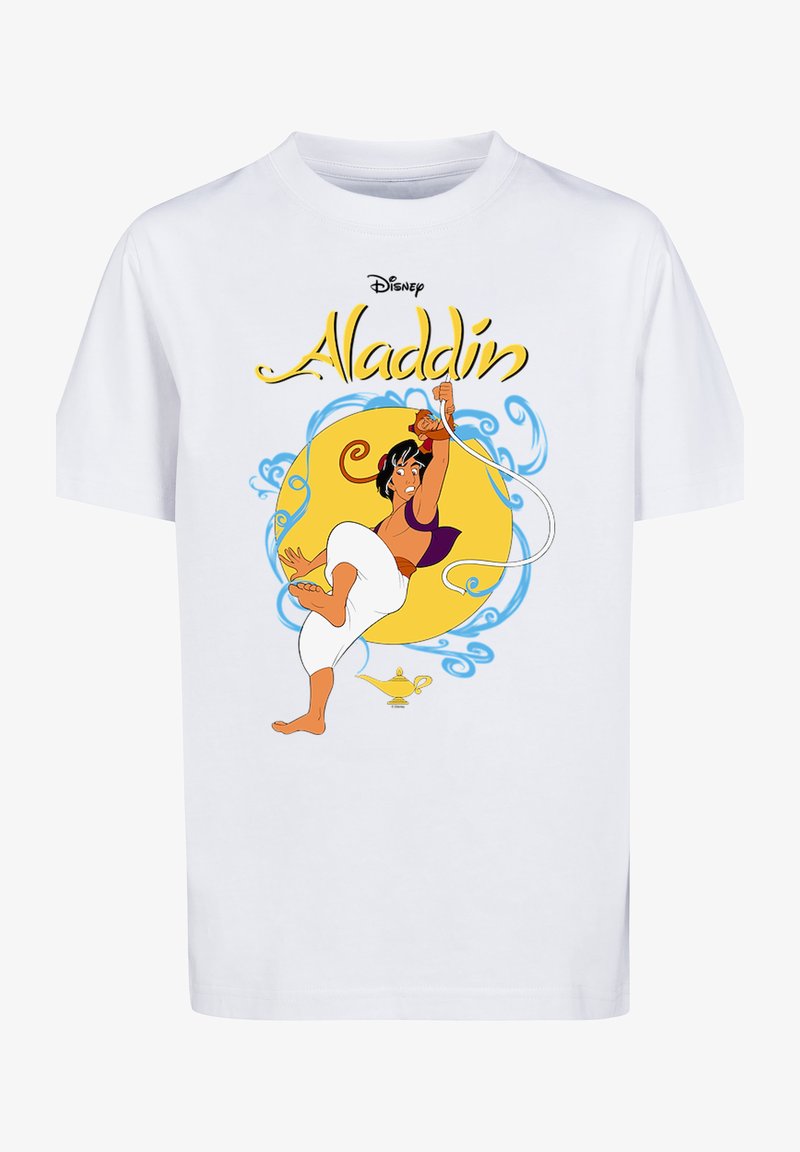 Balts kokvilnas T-krekls ar krāsainu Aladīna grafiku, zelta apļa fona, ziliem viļņiem un lampu apakšā.