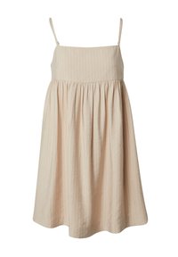 Beige mouwloos jurkje met verticale streepjes, met een getailleerde lijfje en een uitgesproken, geplooide rok voor een ontspannen silhoët.