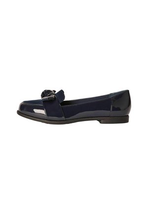 Navy blue patent leather loafers featuring a rounded toe, bow accent on the front, and a low, flat heel. Smooth texture with subtle sheen.