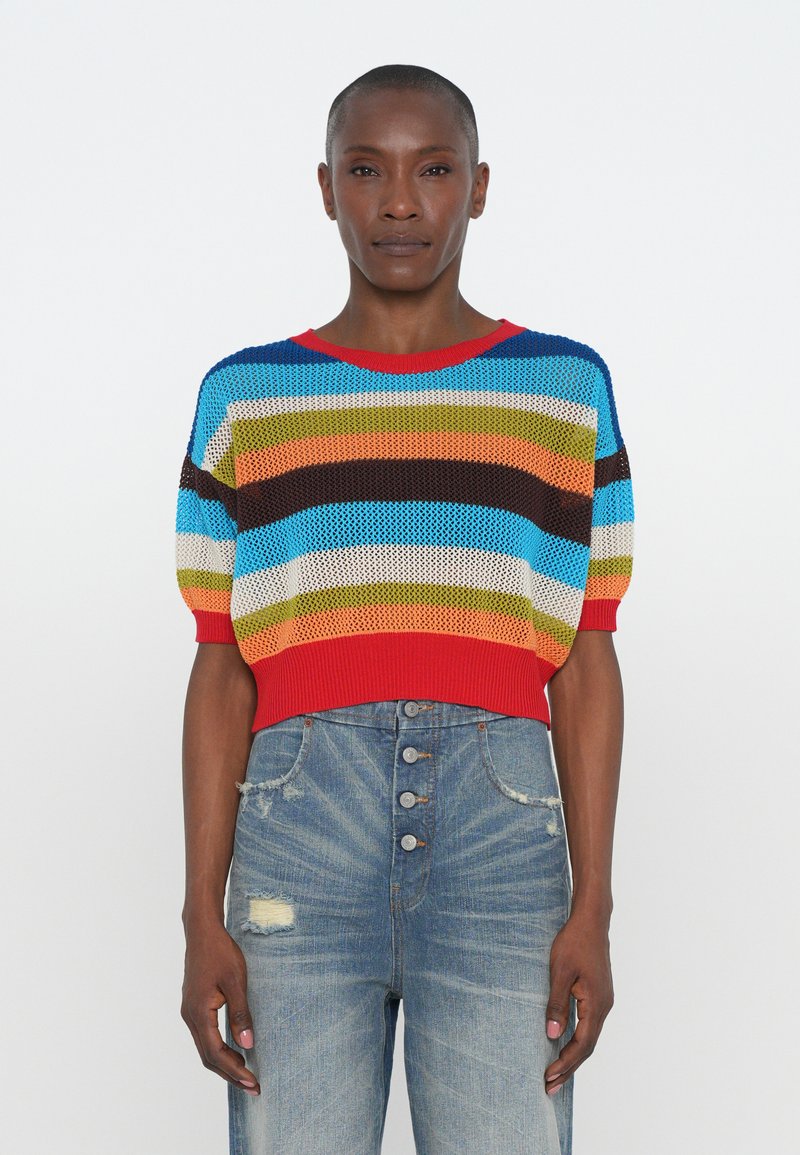 Colorful knitted sweater with short sleeves, featuring horizontal stripes in blue, red, orange, green, and brown; ribbed red hem.