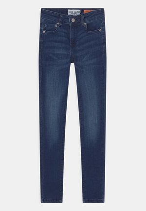 Donkerblauwe denim jeans met een slim fit, voorzien van een knoopsluiting, een vijf-pocket ontwerp en subtiele vervaging aan de voorkant.