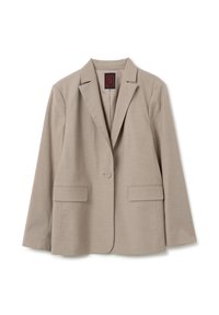 Blazer beige à bouton unique avec revers en pointe et poches à rabat, présenté à plat sur un fond blanc.