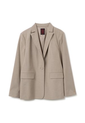 Blazer beige a un bottone con revers e tasche a pattina, mostrato piatto su uno sfondo bianco.