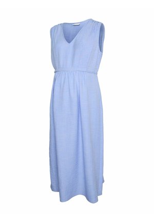 Mouwloze lichtblauwe midi-jurk met V-hals, geplooide taille en gestructureerde stof.