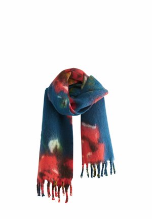 Blue scarf with red, white, and green abstract patterns, fringed ends, displayed folded against a white background.