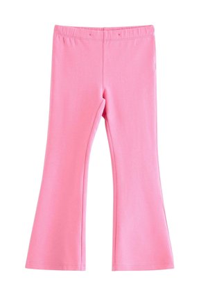 Lyserøde børne-flare bukser med elastik i taljen, lavet af blødt, strækbart stof, vist på hvid baggrund.