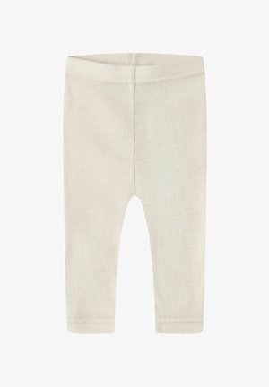 Baby leggings i flødefarvet ribstrik med elastisk talje og lige ben, vist fladt på hvid baggrund.