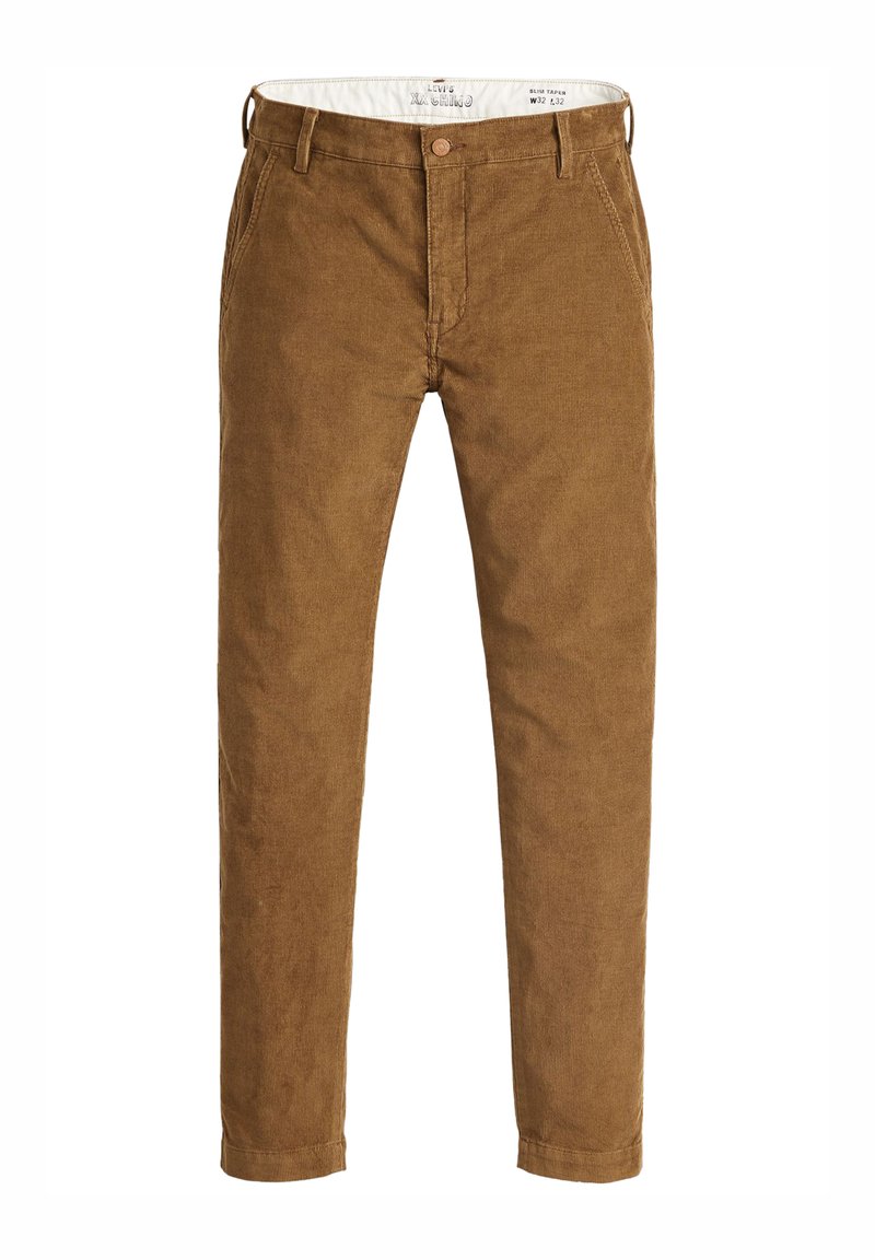 Pantalons en velours côtelé marron avec une coupe slim, dotés d'une fermeture à bouton, de poches plates à l'avant et d'une texture subtile sur l'ensemble du tissu.