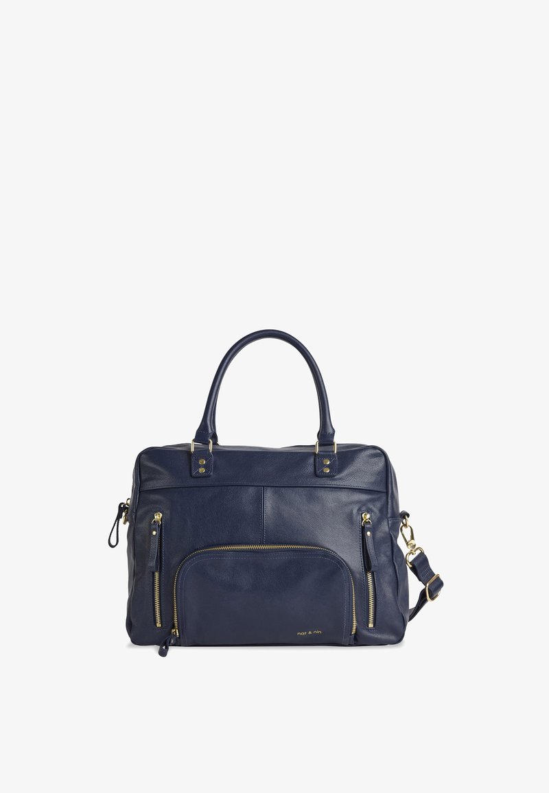 Marineblå lædertaske med dobbelte håndtag, aftagelig rem, frontlynlåslomme, gyldne hardware-accenter og en glat tekstur.