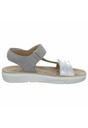 Gray suede sandal with silver metallic strap, open back, adjustable hook-and-loop closure, and white rubber sole with textured tread.