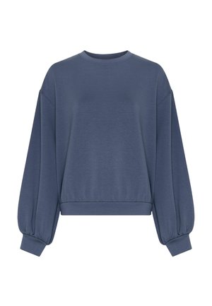 Langærmet marineblå sweatshirt med rund halsudskæring, faldende skuldre og elastiske manchetter og kant på hvid baggrund.