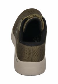 Olive green athletic shoe with a breathable mesh upper, padded collar, and a light-colored, textured rubber sole. Rear view shows heel design.