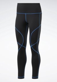 Černé sportovní legíny s modrou nití. Mají vysoký pas, těsně přiléhající design a zaoblené švy pro lepší fit.