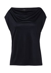 Top nero drappeggiato in tessuto morbido, caratterizzato da una scollatura ampia e maniche corte. Texture liscia senza motivi o accessori visibili.