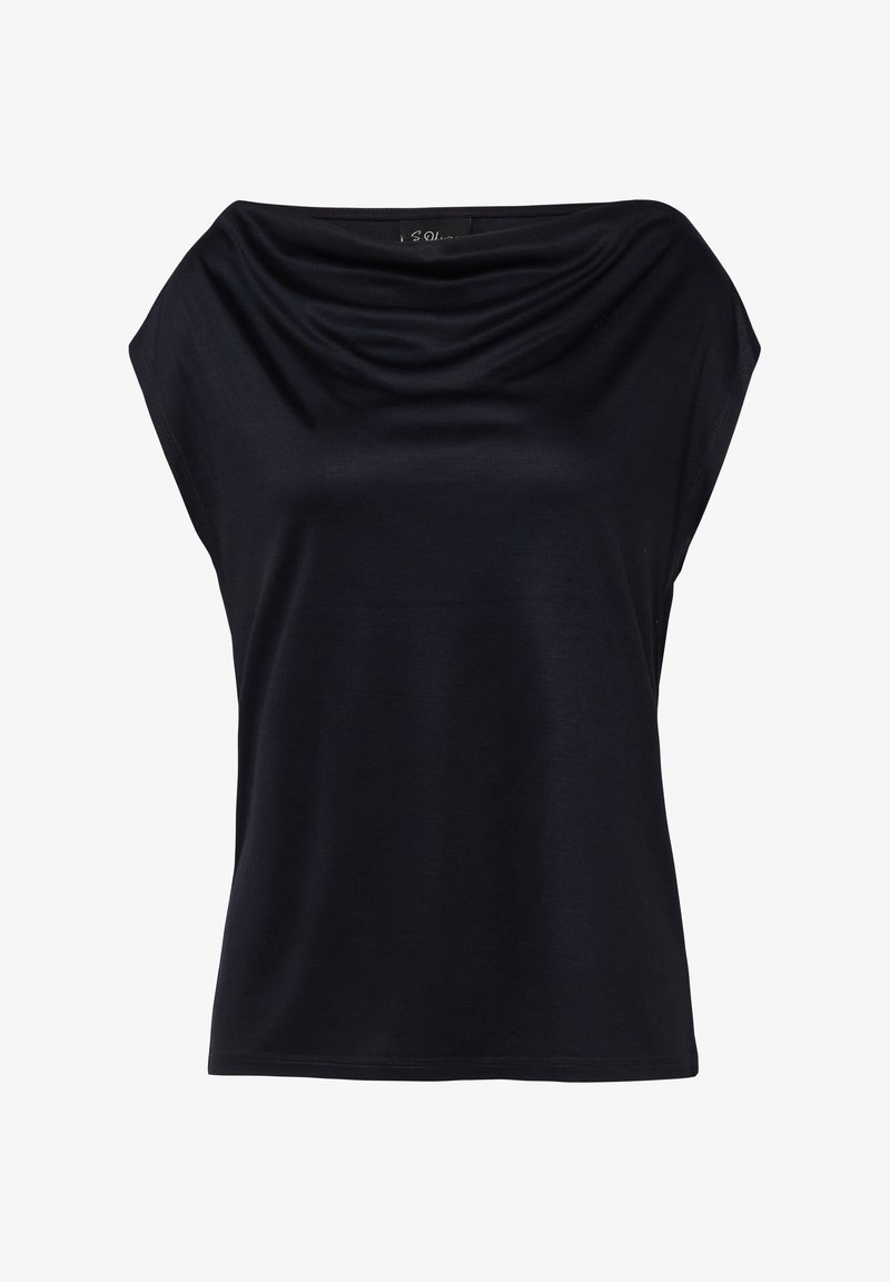Top nero drappeggiato in tessuto morbido, caratterizzato da una scollatura ampia e maniche corte. Texture liscia senza motivi o accessori visibili.