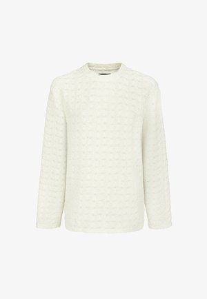 Teksturowany, kremowy sweter z długim rękawem i okrągłym dekoltem. Posiada wzór falisty i luźny krój, wykonany z miękkiego, tkanej tkaniny.