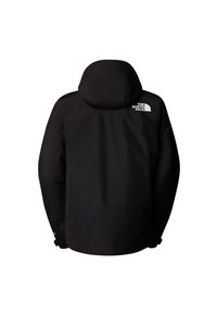 Czarna kurtka z kapturem o matowym wykończeniu, z białym logo na górnej części pleców, regulowanymi mankietami i bez widocznych ozdób.