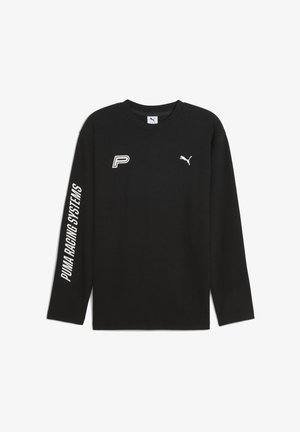 Zwarte longsleeve shirt met een geribbelde textuur. Beschikt over een witte "P"-logo en de tekst "PUMA RACING SYSTEMS" op de mouw, met een klein puma-logo.