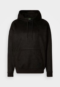 Sweat à capuche noir à enfiler avec poche kangourou devant, cordons réglables à la capuche, et poignets et ourlet côtelés, présenté sur un fond uni.