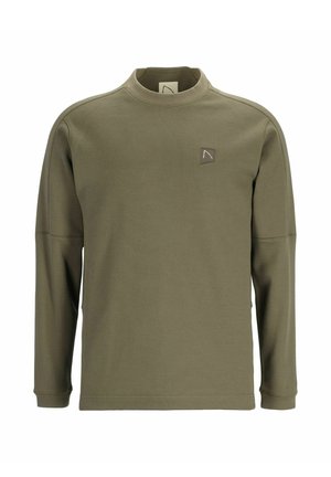 Oliivivihreä collegepaita, jossa on pitkät hihat, korkea kaulus ja pieni logo rinnassa. Valmistettu teksturoidusta, pehmeästä kankaasta.