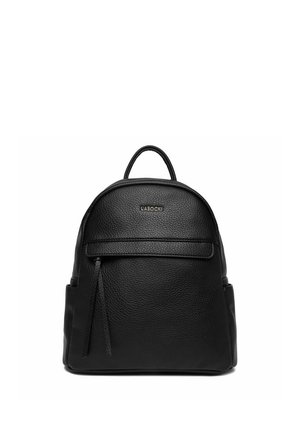 Black textured leather backpack with front zip pocket, side pockets, top handle, and LASOCKI logo on front center.