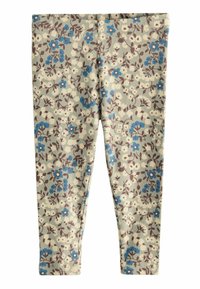Bloemen leggings met een geribbelde textuur. Lichtgroene basis met blauwe en bruine bloemen, elastische tailleband en taps toelopende pijpen.