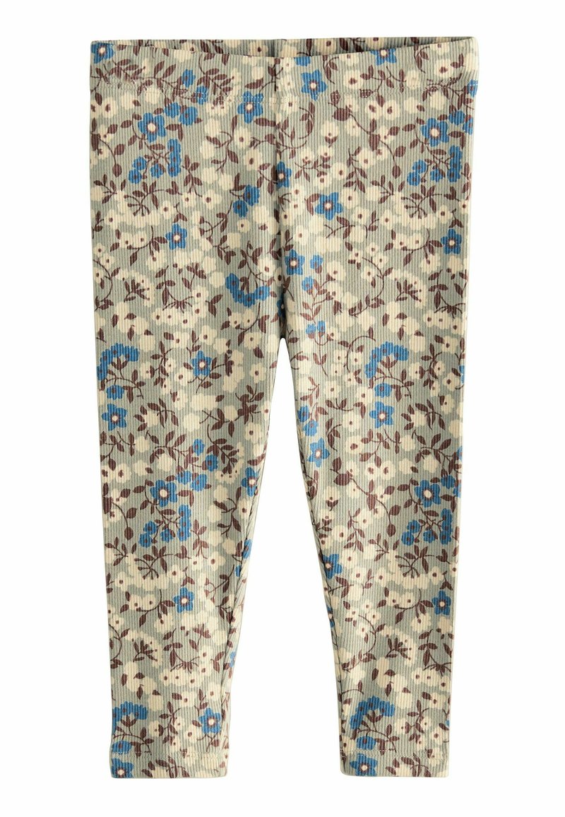Bloemen leggings met een geribbelde textuur. Lichtgroene basis met blauwe en bruine bloemen, elastische tailleband en taps toelopende pijpen.