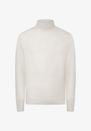 Weißer Rollkragenpullover aus einem weichen Material, mit geripptem Kragen und langen Ärmeln. Schlichtes, nahtloses Design mit lockerer Passform.