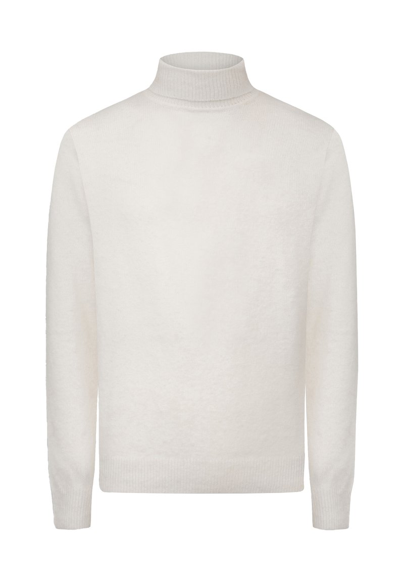Weißer Rollkragenpullover aus einem weichen Material, mit geripptem Kragen und langen Ärmeln. Schlichtes, nahtloses Design mit lockerer Passform.
