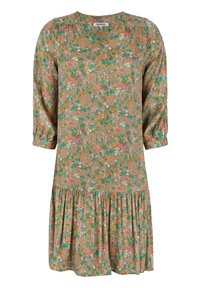 Kukkamekko, jossa on V-pääntie, pitkät hihoja, k gathered-yksityiskohtia ja kerroksellinen hame. Värejä ovat vihreä, oranssi, vaaleanpunainen ja ruskea.