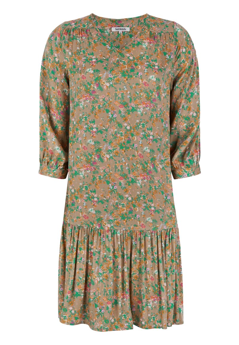 Kukkamekko, jossa on V-pääntie, pitkät hihoja, k gathered-yksityiskohtia ja kerroksellinen hame. Värejä ovat vihreä, oranssi, vaaleanpunainen ja ruskea.