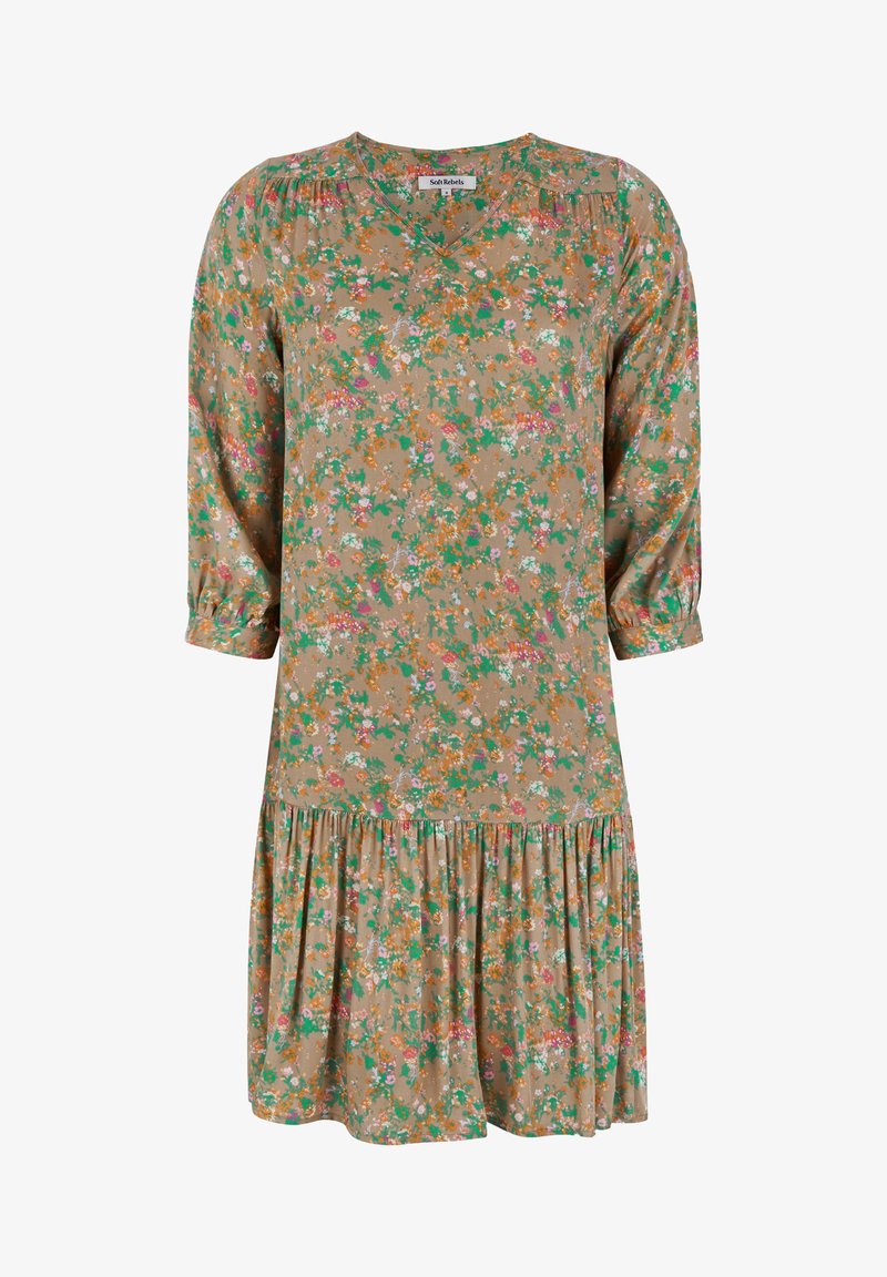 Kukkamekko, jossa on V-pääntie, pitkät hihoja, k gathered-yksityiskohtia ja kerroksellinen hame. Värejä ovat vihreä, oranssi, vaaleanpunainen ja ruskea.