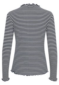 Langarmoberteil aus geripptem Stoff mit marineblauen und weißen Streifen. Rüschensaum am Halsausschnitt und an den Ärmeln sorgt für Struktur und Detail.