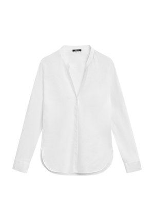 Hvid langærmet bluse med mandarin-krave, knapper foran, buet kant og enkelt-knap manchetter, lagt fladt på hvid baggrund.