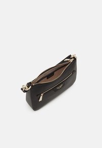 Black leather crossbody bag with gold-tone hardware, front zip pocket, and smooth textured surface; features an open top and lined interior.