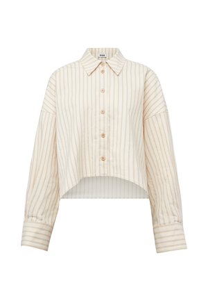 Beige og hvit vertikalt stripete, avkortet skjorte med knapper, lange ermer og spiss krage.