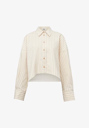 Beige og hvit vertikalt stripete, avkortet skjorte med knapper, lange ermer og spiss krage.