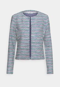 Tekstureret blazer i flerfarvet vævet stof med grønne, blå og pink tråde. Den har lange ærmer og en lige pasform. Forlukning uden knapper.