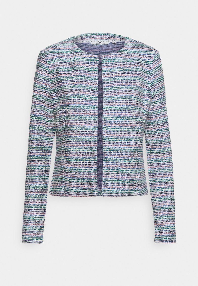 Tekstureret blazer i flerfarvet vævet stof med grønne, blå og pink tråde. Den har lange ærmer og en lige pasform. Forlukning uden knapper.