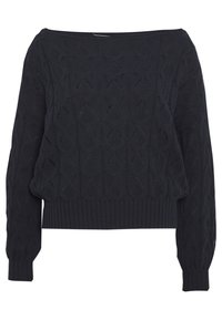 Jersey de punto azul marino con un escote amplio, que presenta un patrón texturizado de formas de diamante y un dobladillo y puños acanalados.