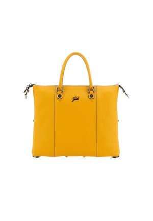 Borsa a mano in pelle gialla con superficie testurizzata, doppi manici superiori, cerniere laterali e logo esterno. Presenta dettagli decorativi in metallo.